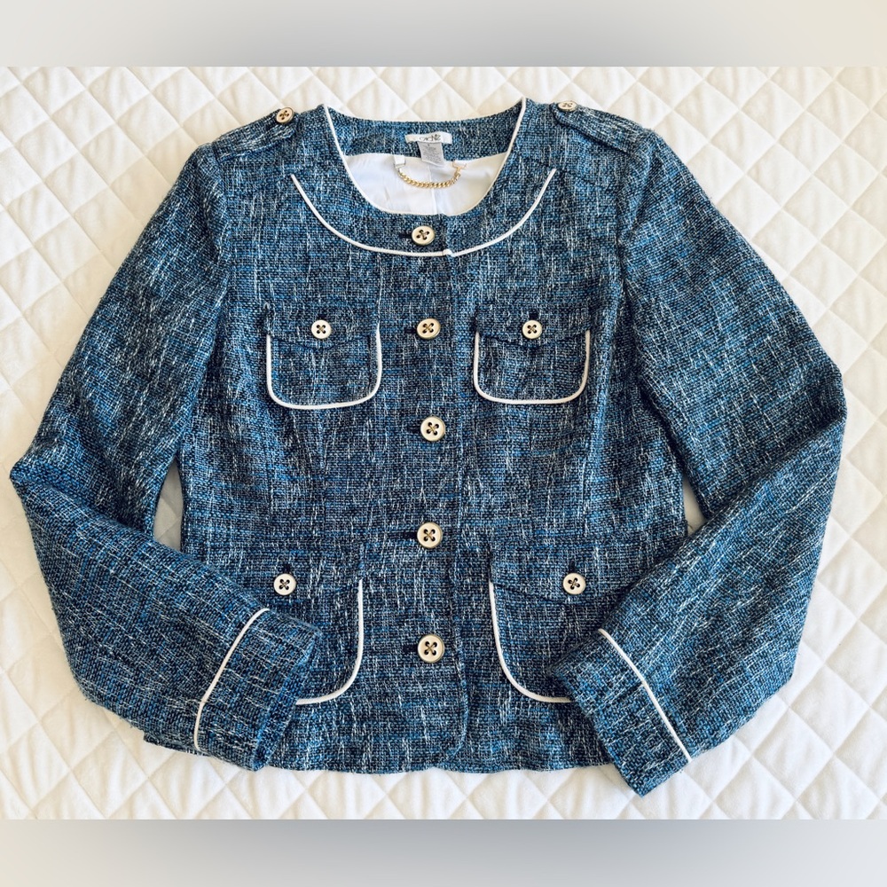 Cache Womens Multi Pocket Jacket Size 8 Blue Metallic Woven Tweed Blend Blazer